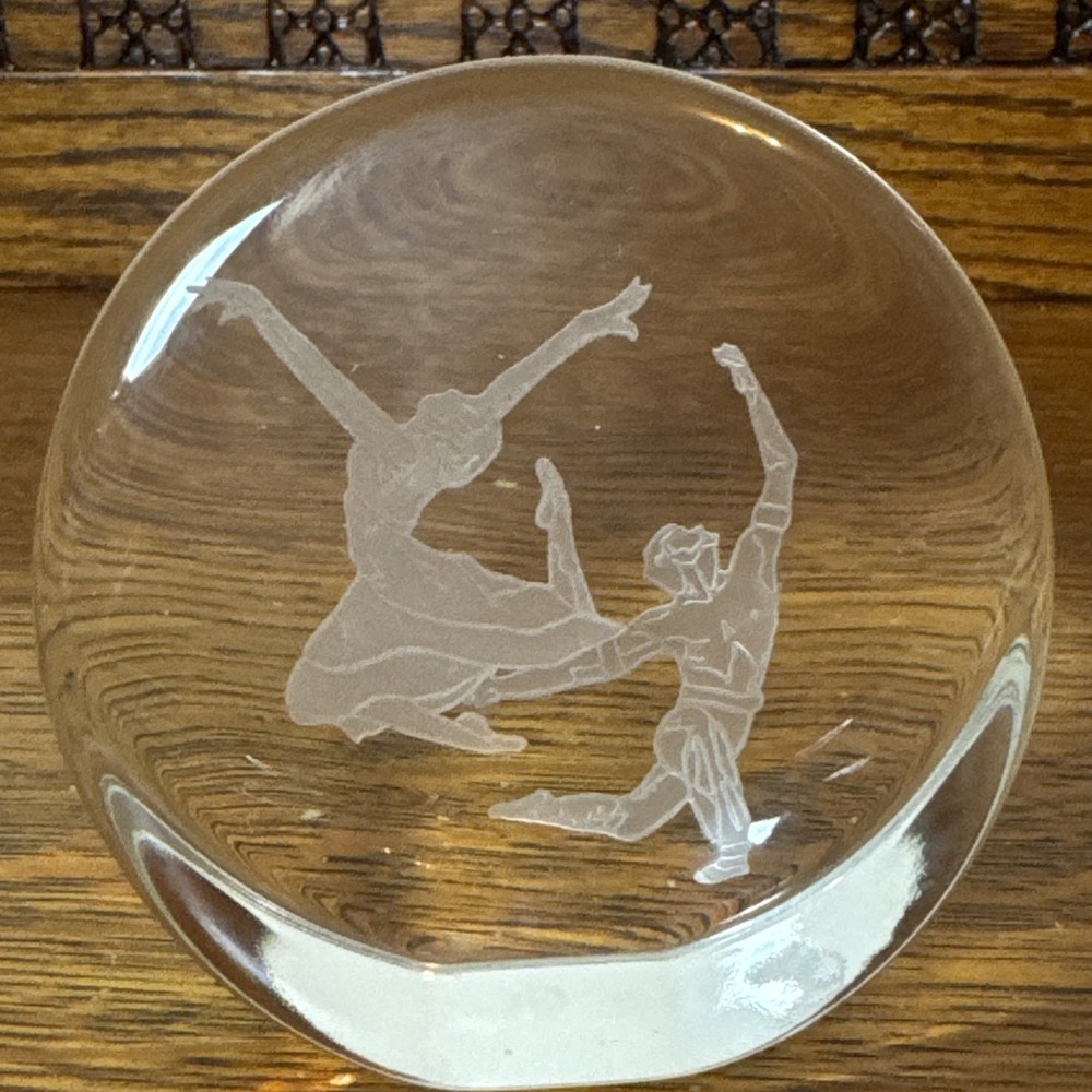 Etched Glass Man & Woman Dancers Round Paperweight